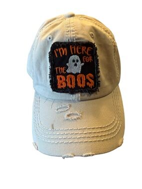 Kbethos Beige Distressed Baseball Cap "I'm Here for the Boos" Halloween Cap